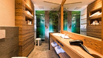 Double Room, Garden Area | Bathroom | Shower, free toiletries, hair dryer, bathrobes