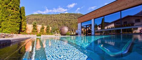 Indoor pool, outdoor pool, pool umbrellas, sun loungers