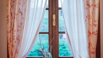A window with floral curtains, a wooden door, and a small potted plant on the windowsill.