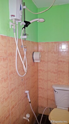 Et badeværelse med toilet, brusebad og toiletpapirholder på væggen.
