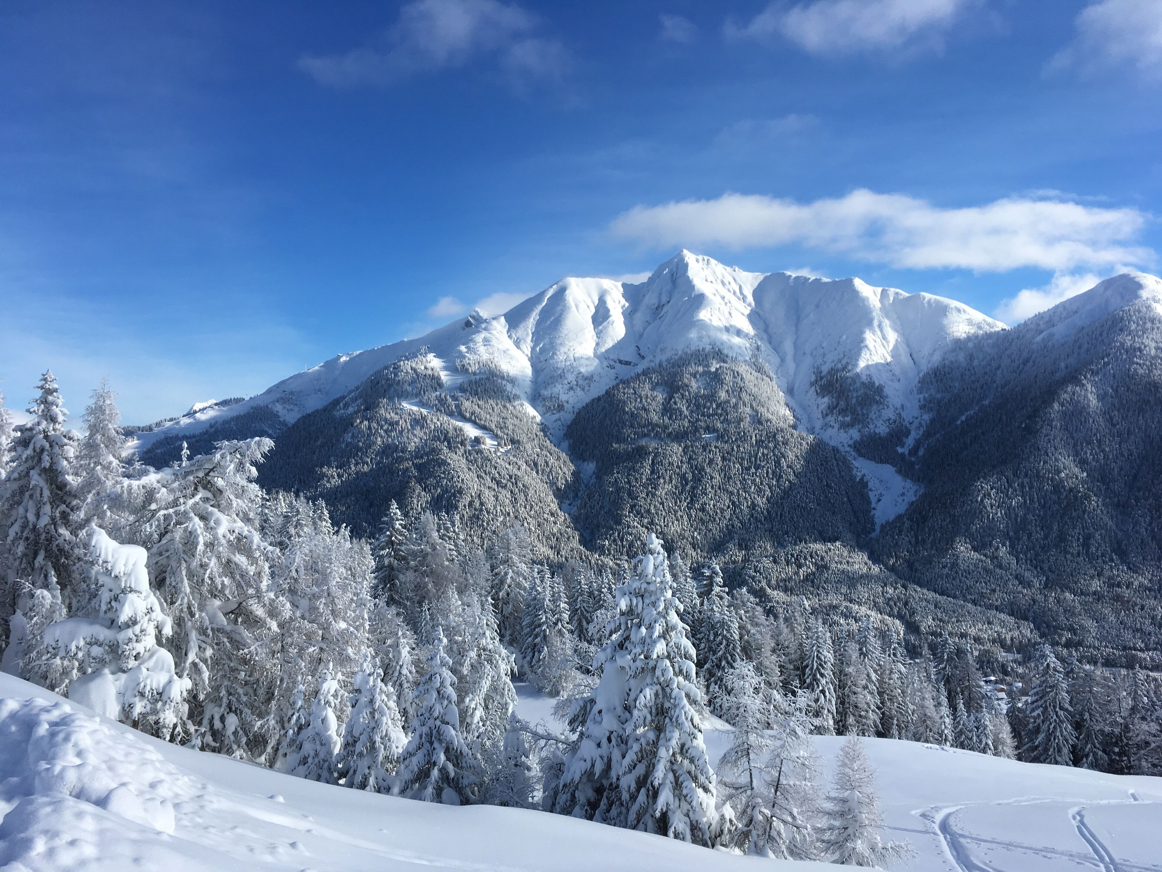 Eine verschneite Berglandschaft mit dichten Wäldern und strahlend blauem Himmel.