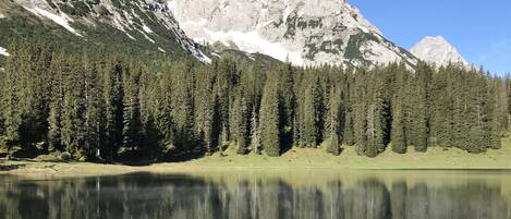 A mountain lake with clear reflections, surrounded by dense forests and rocky mountains.