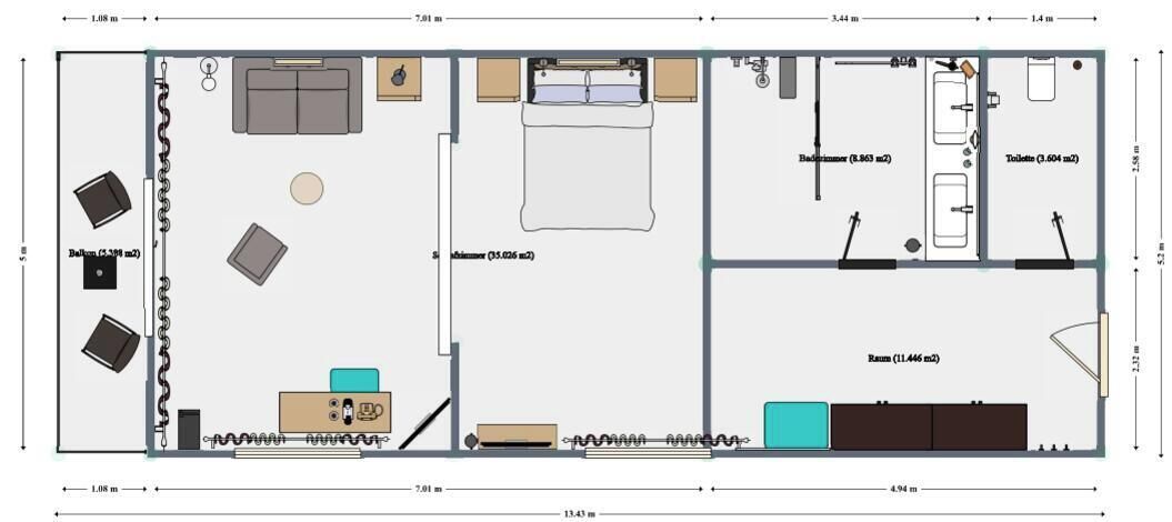 A floor plan with a living room, dining area, kitchen, two bedrooms, and a bathroom.