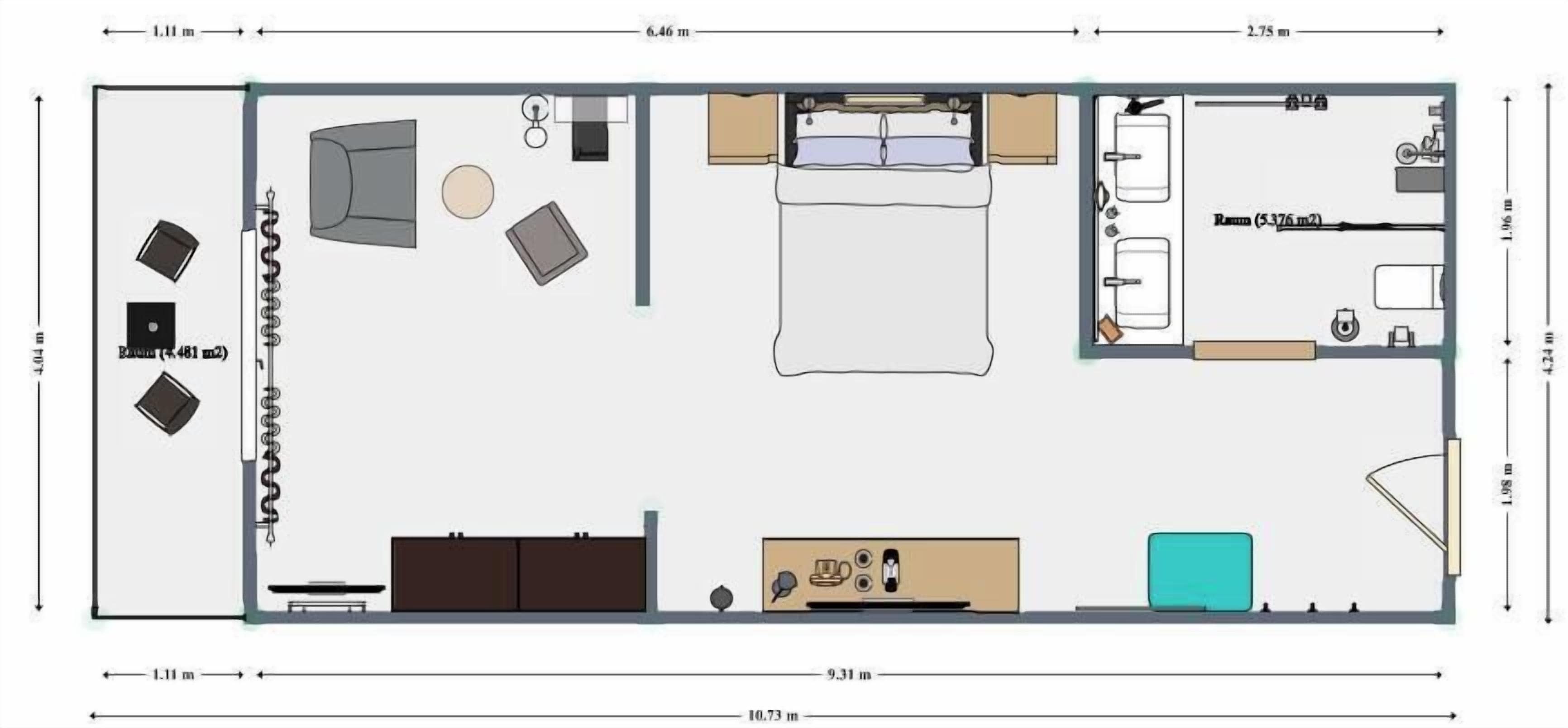 A hotel room layout with a bed, sofa, desk, and bathroom.
