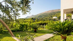 A lush garden with a pathway leading to a building with a balcony. - Villa Lavanda (Podstrana)