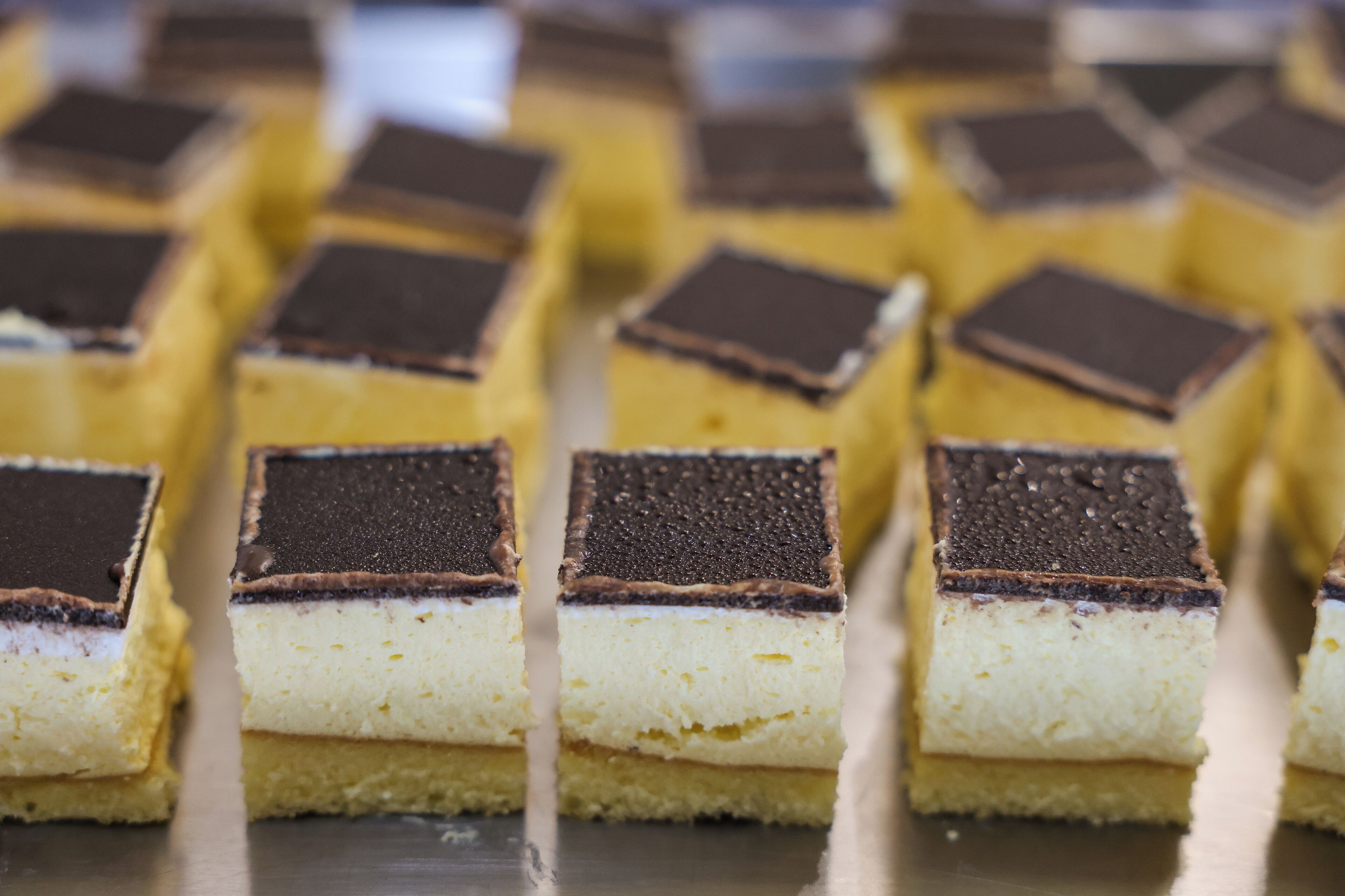 A tray of square desserts with a chocolate topping.