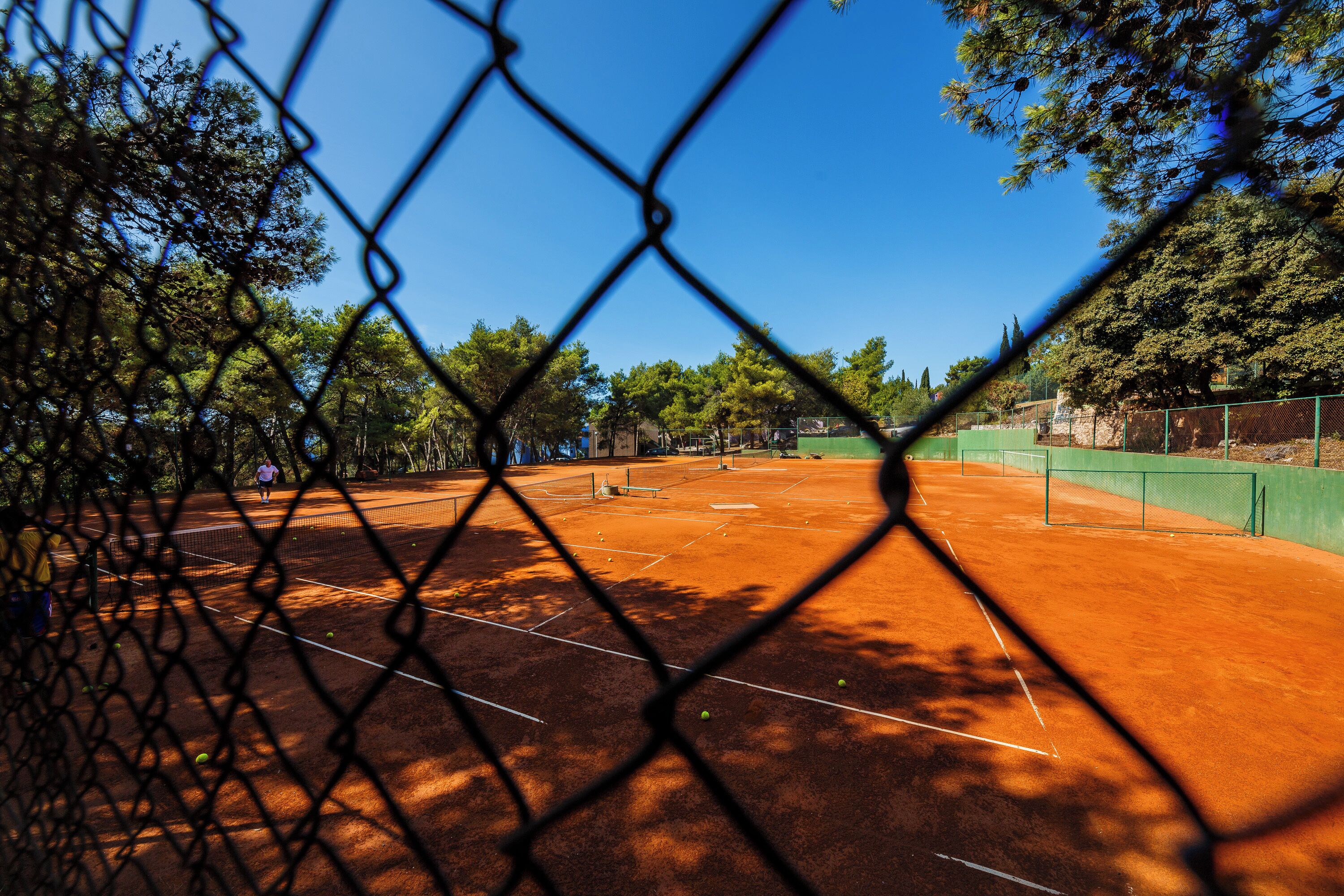 A tennis court with a chain-link fence, surrounded by trees and a clear blue sky.
