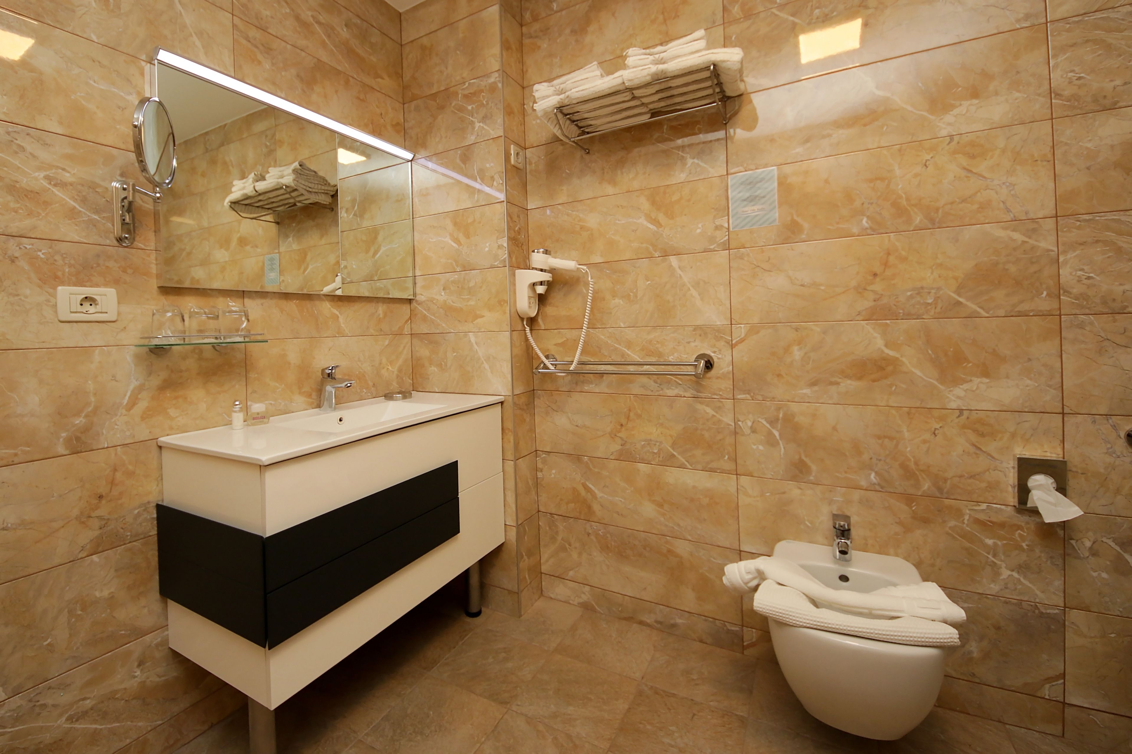 free toiletries, hair dryer, towels