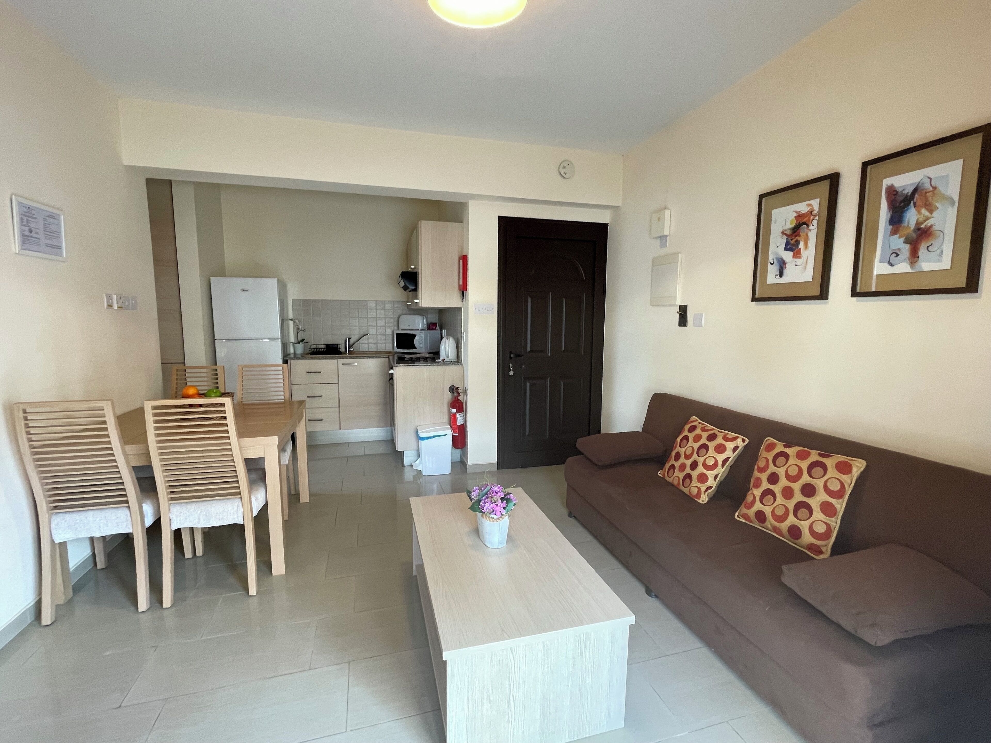 A compact living space with a kitchenette, a dining area, and a sofa with patterned cushions.