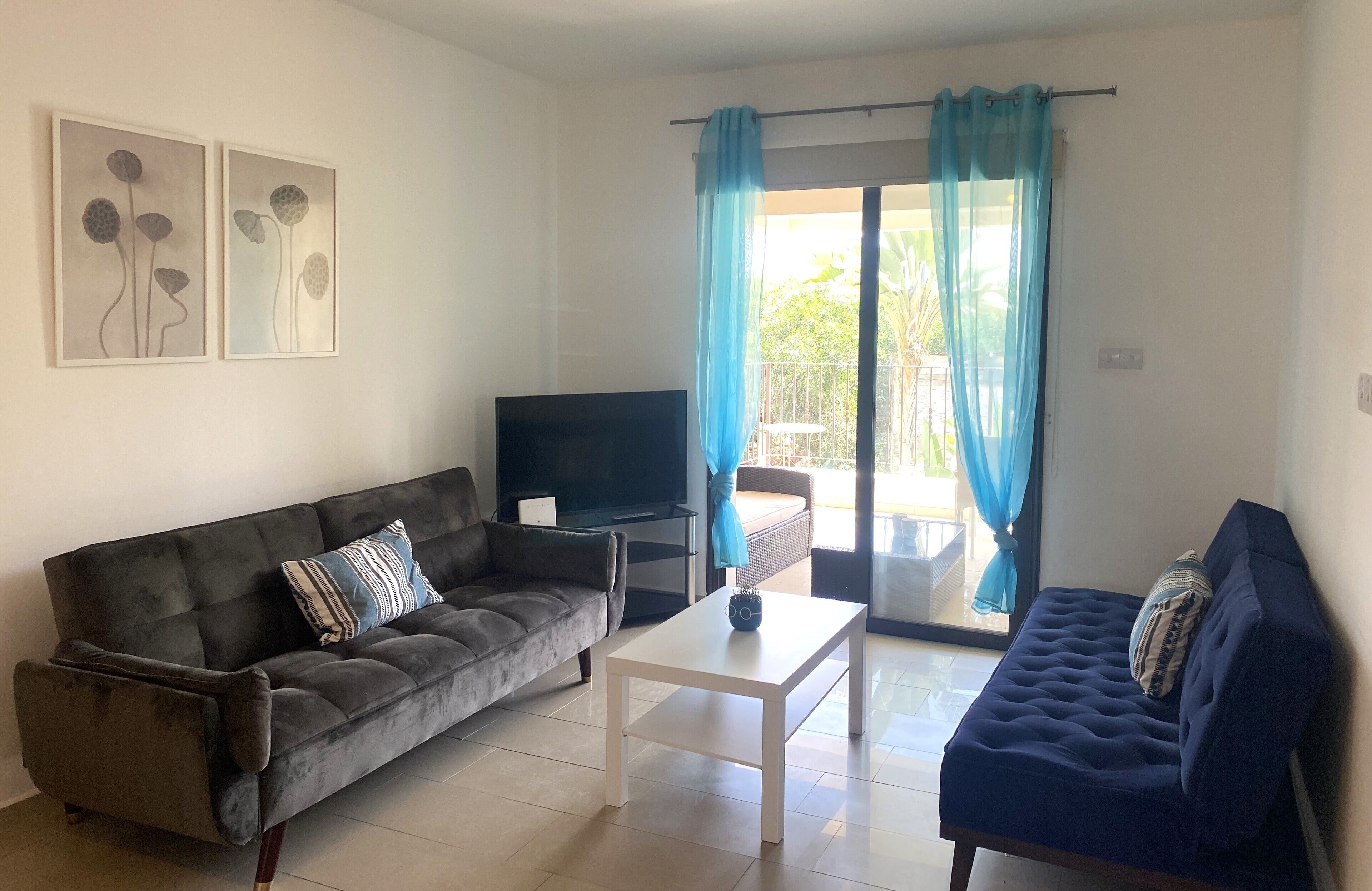 A living room with a dark sofa, a white coffee table, a blue sofa, a flat-screen TV, and two wall-mounted artworks.