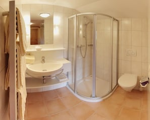 A modern bathroom with a glass-enclosed shower, a sink, and a toilet.