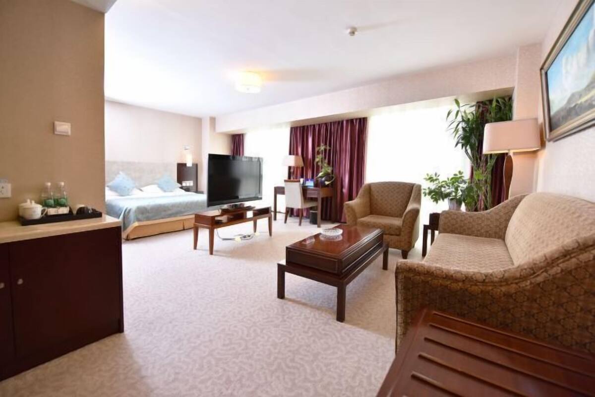 Une chambre d’hôtel équipée d’un lit, d’une télévision, d’un canapé, d’une table basse et d’un bureau avec une lampe.