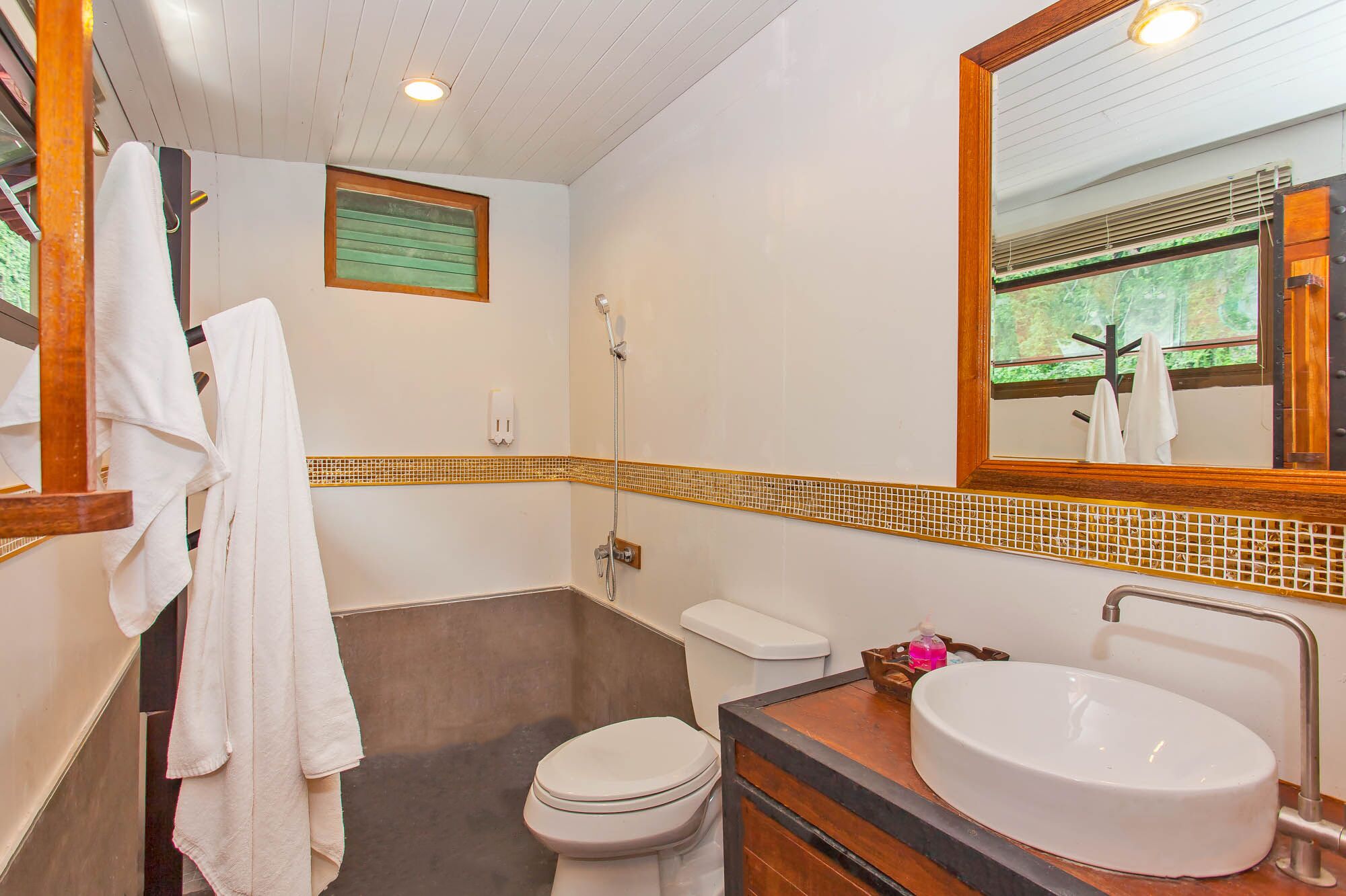 Une salle de bain avec des toilettes, un lavabo et une douche.