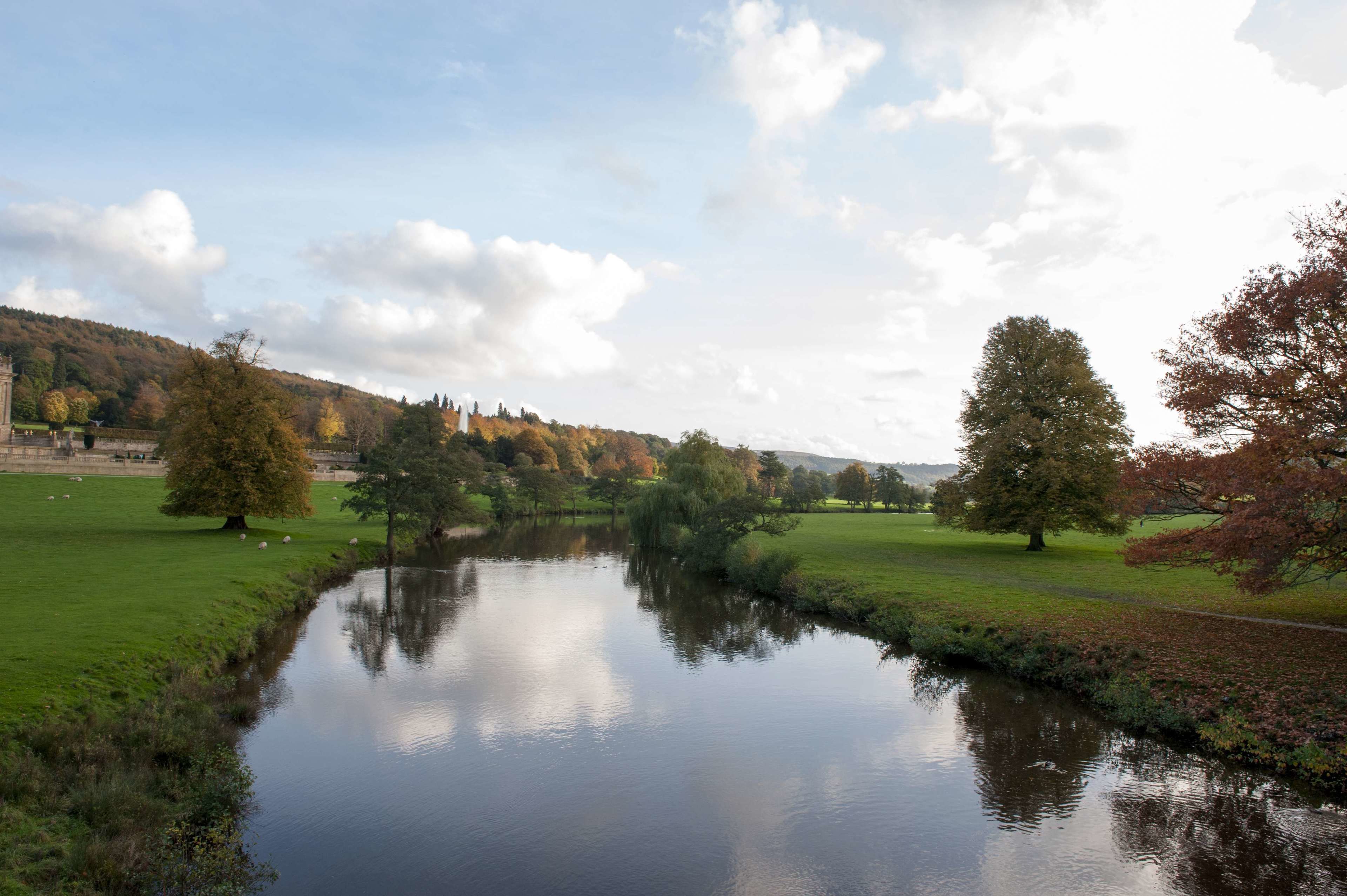 A calm river with a grassy bank and trees, a castle in the background, and a clear sky.