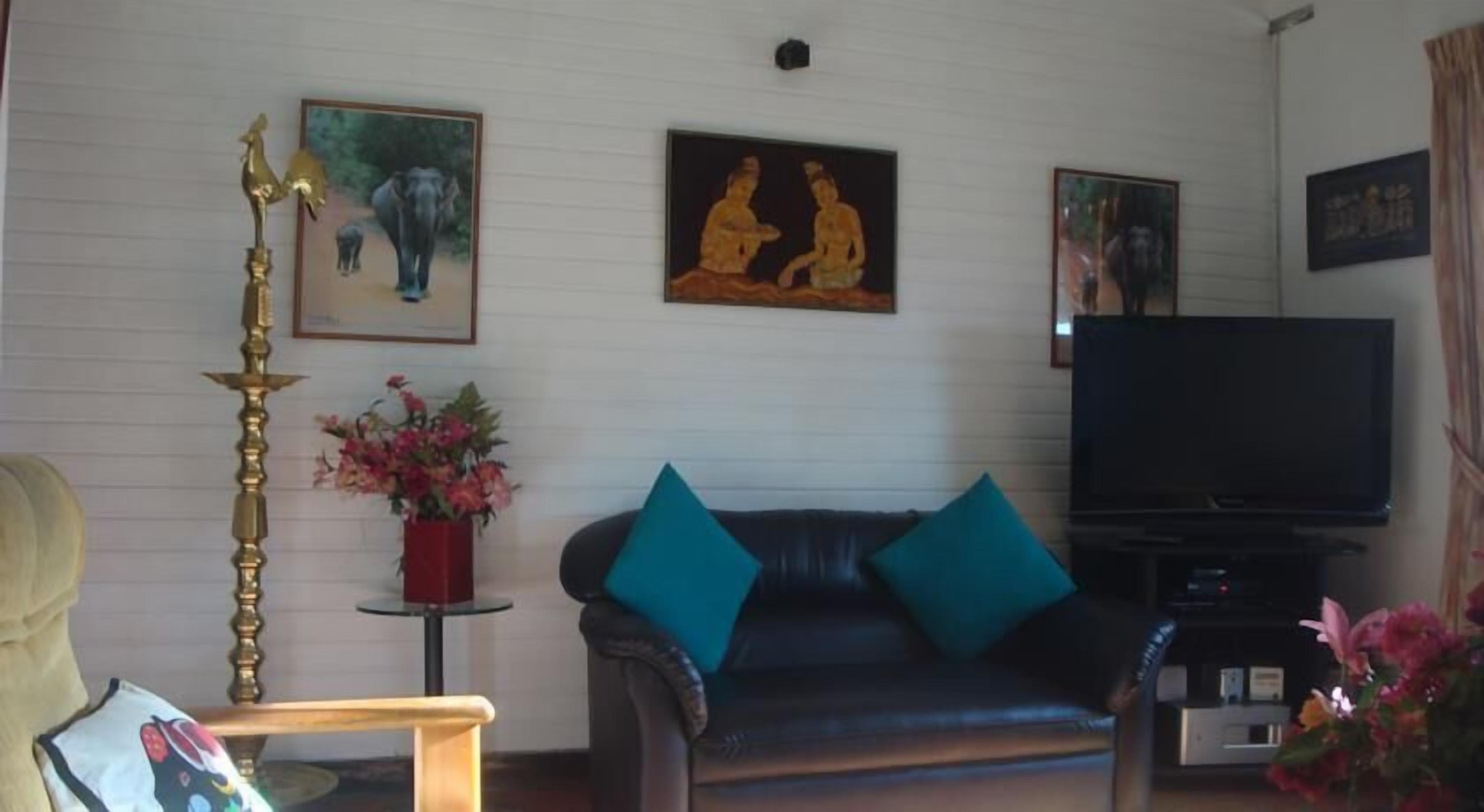 A living room with a leather sofa, teal cushions, a television, and framed artwork on the wall.