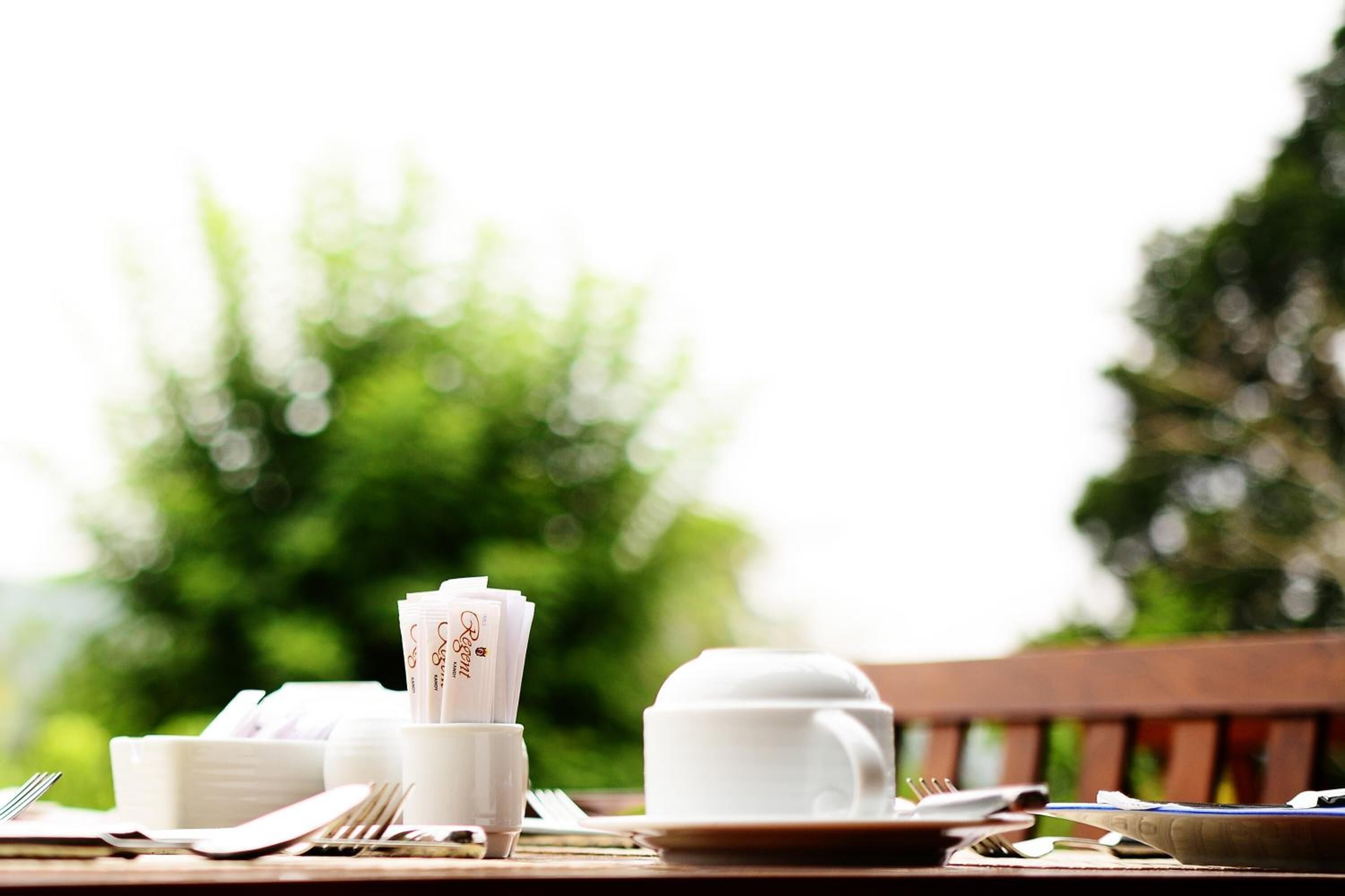 A table set outdoors with white dishes, a cup, and a napkin holder.