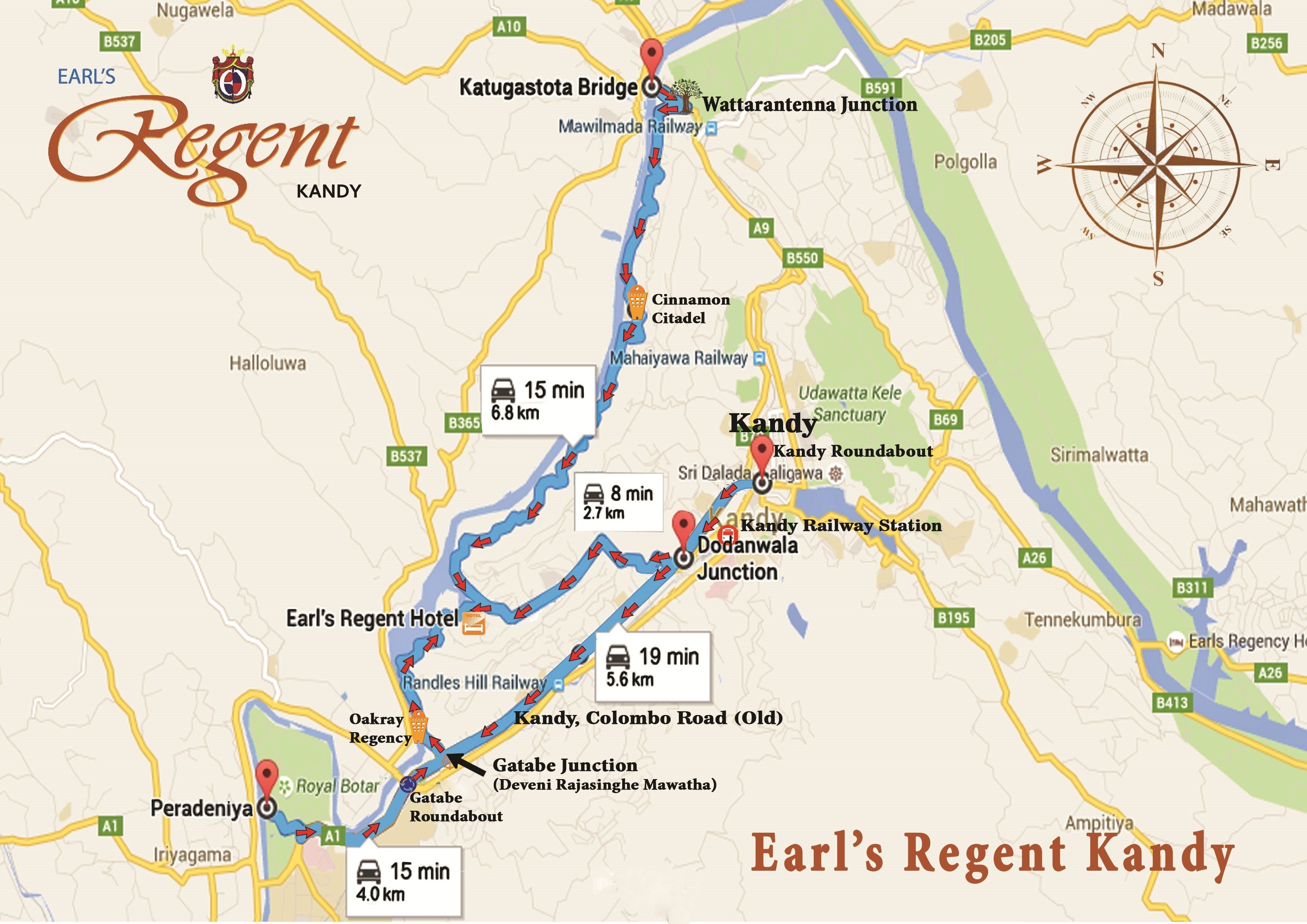 A map of Kandy highlighting the Earl's Regent Hotel, with nearby landmarks and travel times.