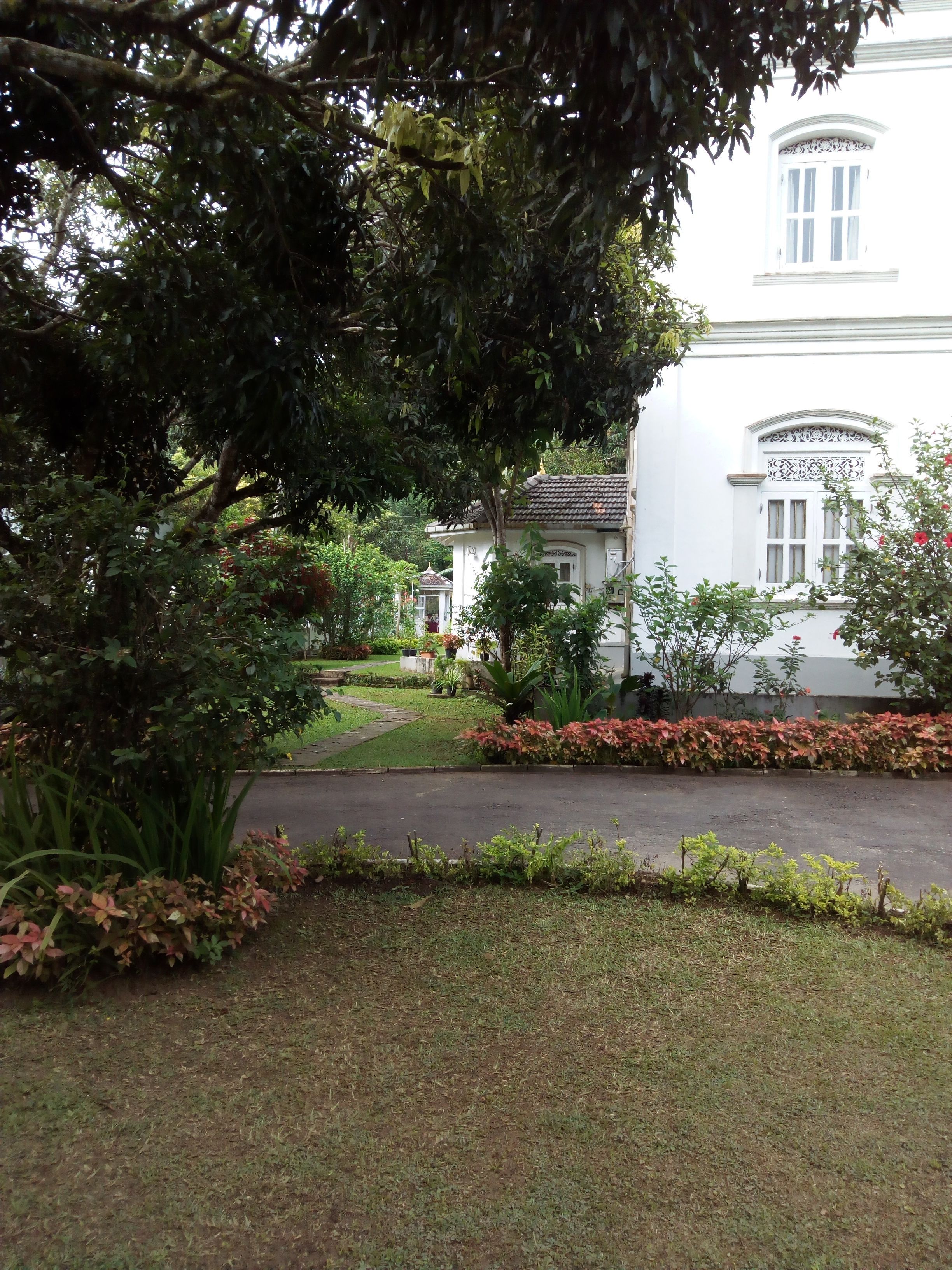 Un giardino con un sentiero che conduce a un edificio bianco dallo stile architettonico tradizionale.