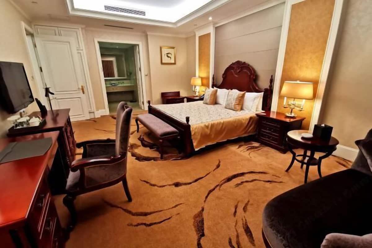 A hotel room with a bed, desk, chair, and a television.