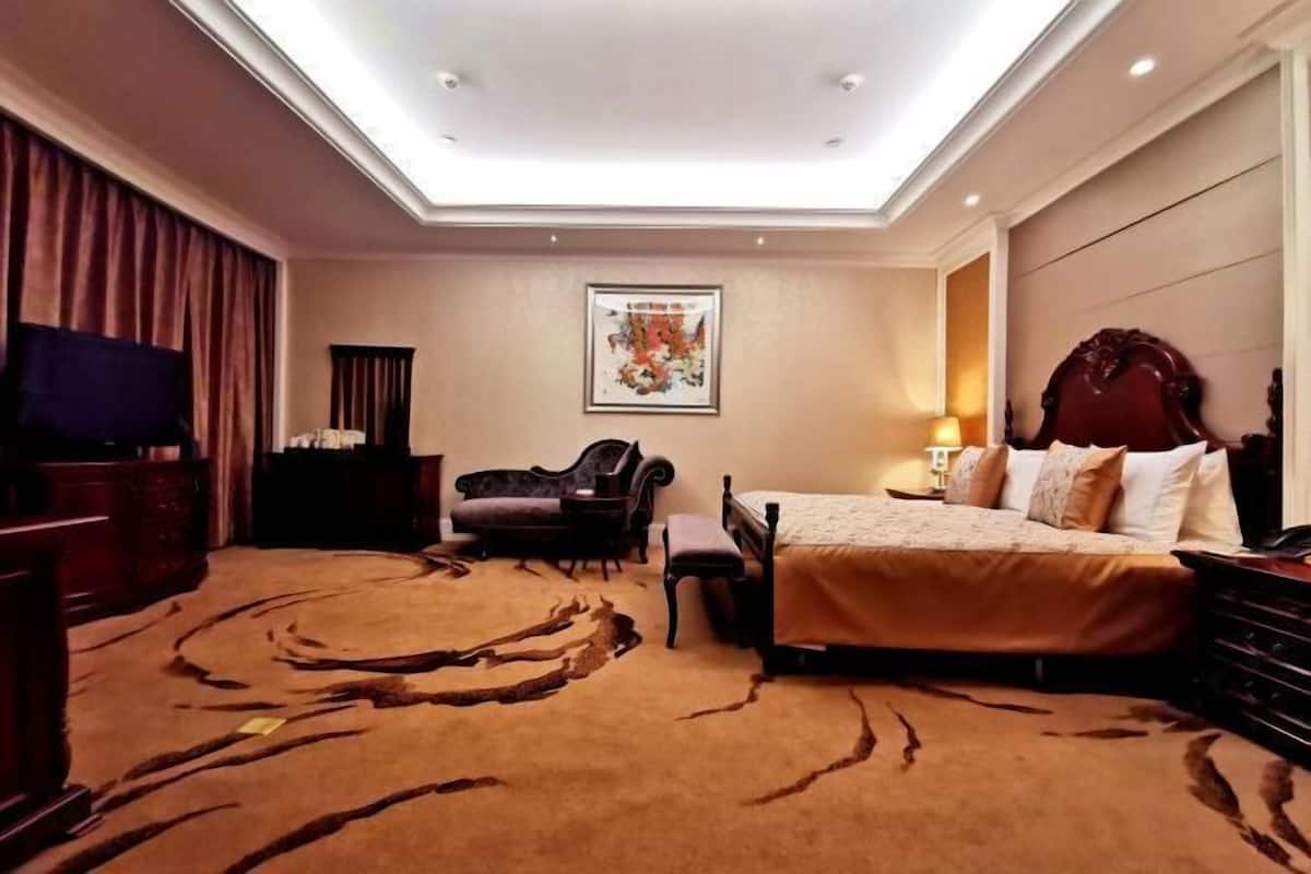 A hotel room with a bed, a desk, a chair, a television, a painting on the wall, and a ceiling light.