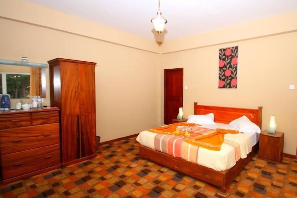 A bedroom with a wooden bed, a dresser, a mirror, and a door.