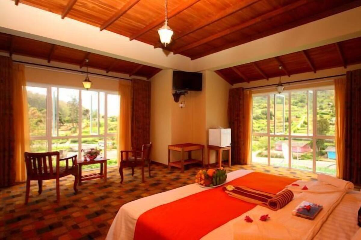 A hotel room with a large bed, a desk, and two chairs. There are large windows with a view of greenery outside.