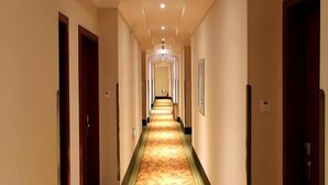 A hotel hallway with a carpeted floor, doors on both sides, and a ceiling light fixture.