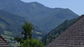 Eine gebirgige Landschaft mit einem Tal und einem Haus mit geneigtem Dach.
