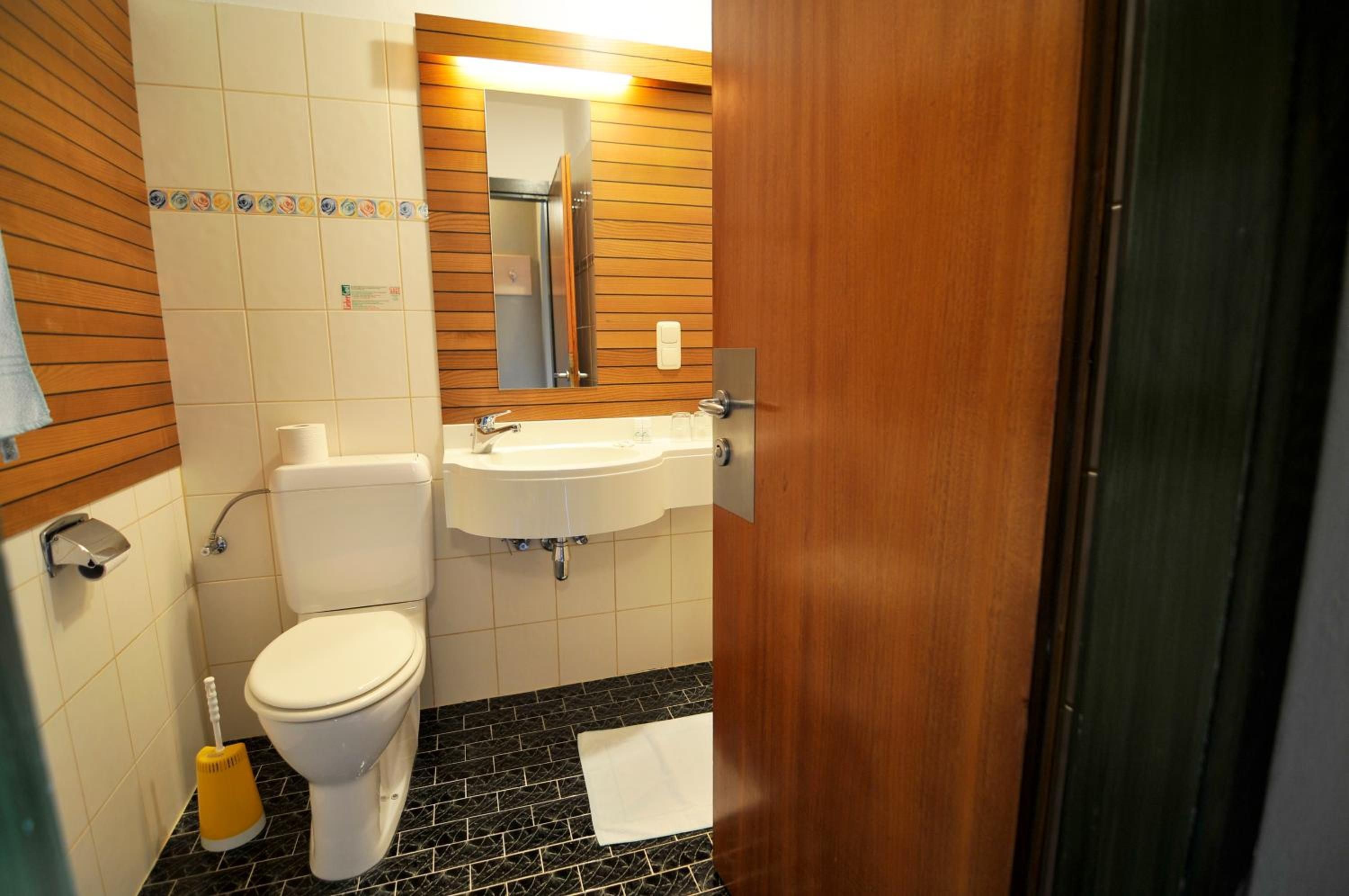 A bathroom with a toilet, sink, and mirror.