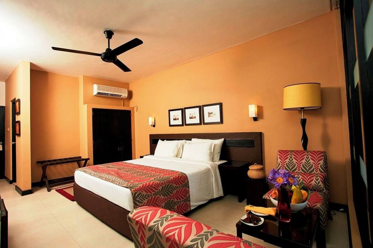 A hotel room with a bed, a desk, a chair, a lamp, and a ceiling fan.