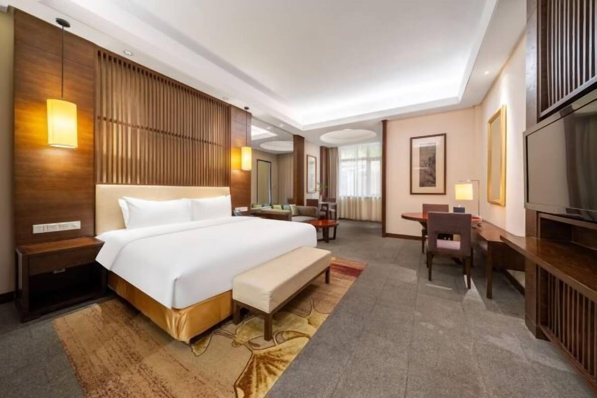 A hotel room with a large bed, a desk, a chair, a TV, and a sofa.