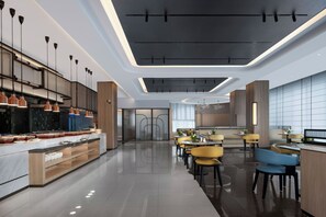A modern restaurant with a long counter, multiple seating areas, and a clean, contemporary design.