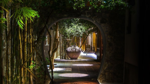 Un sentier qui traverse une forêt de bambous et mène à l’entrée d’un bâtiment.