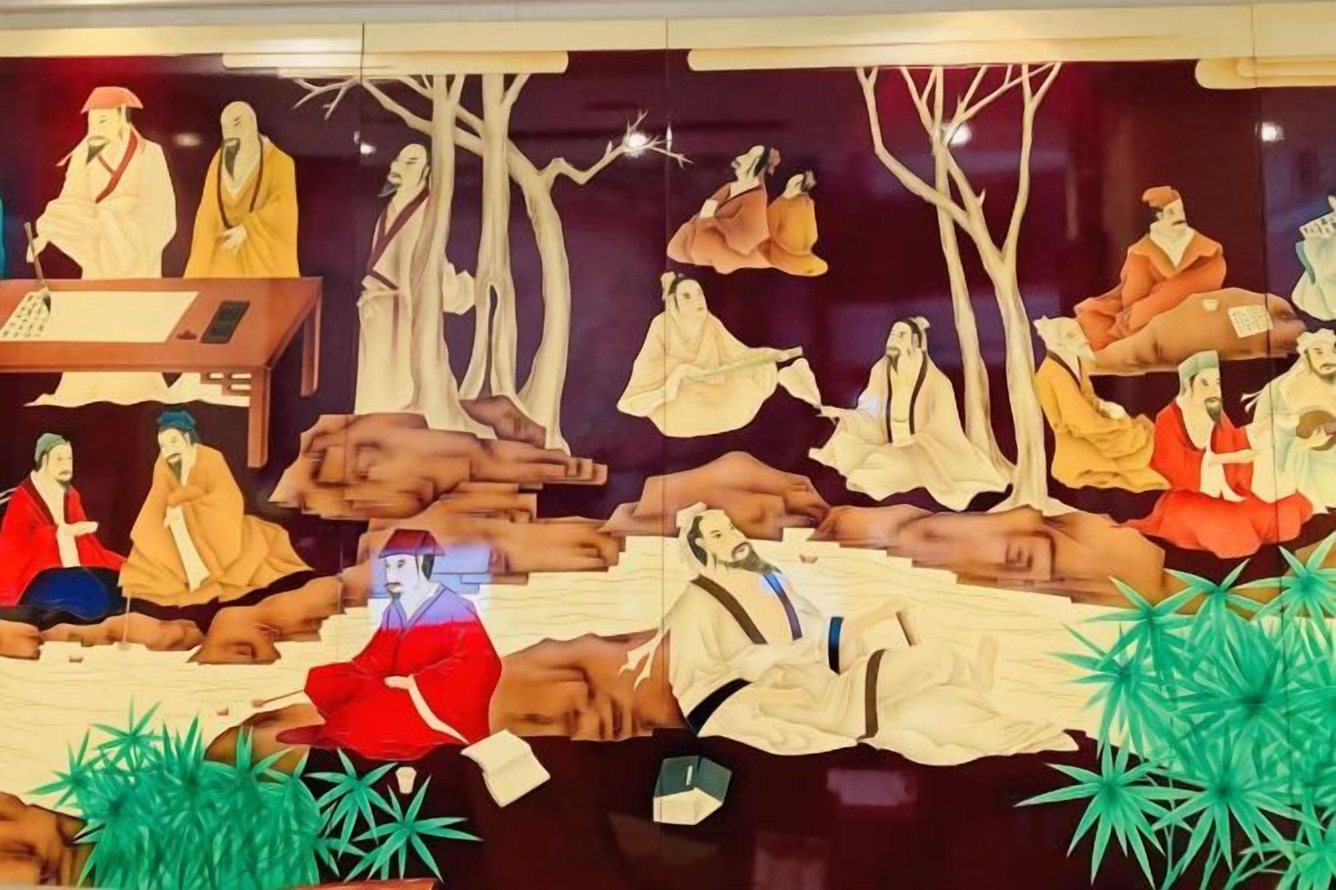 A room with a large mural depicting a historical scene with multiple figures.