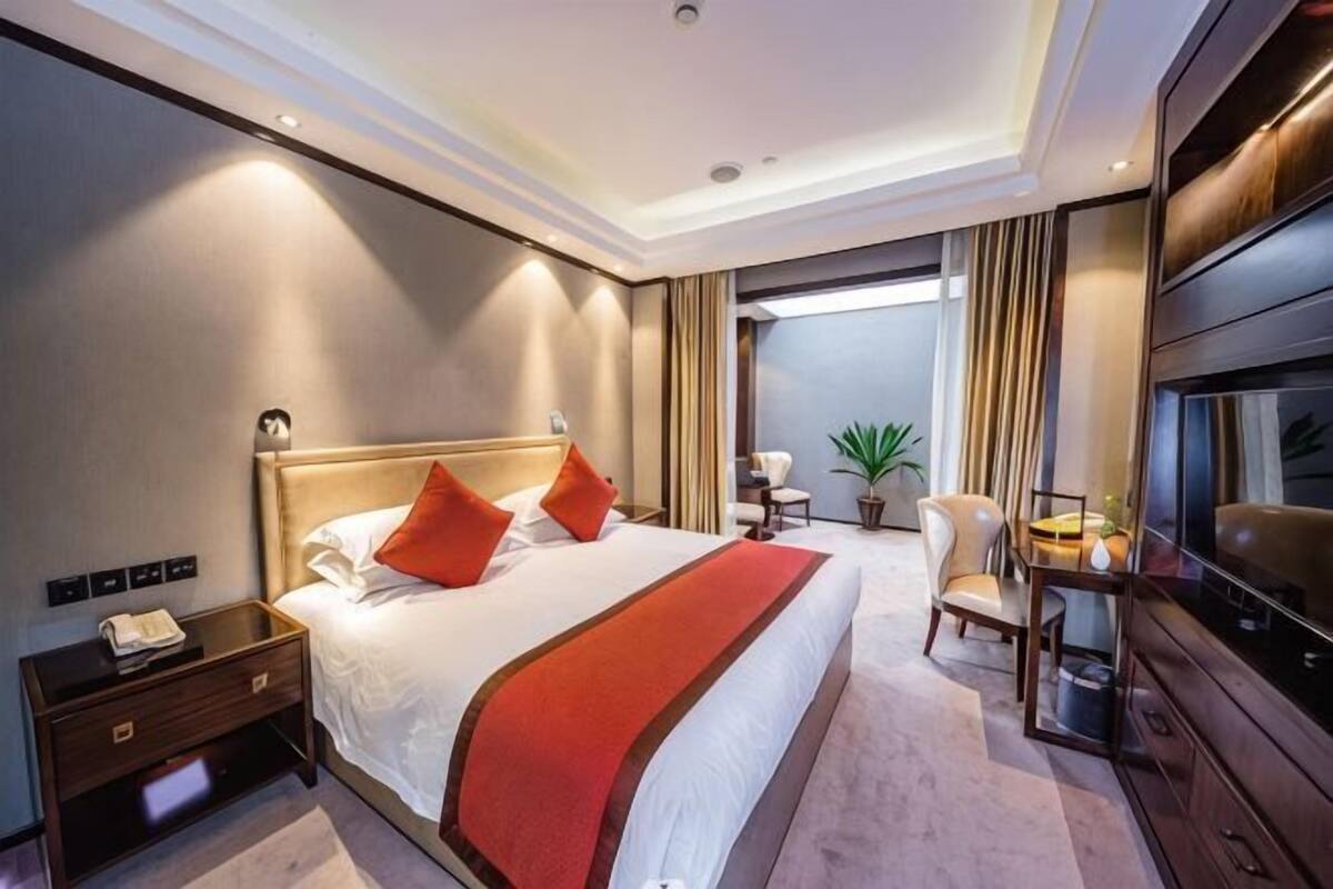 Habitación de hotel con una cama grande, televisión, escritorio con silla y una planta.