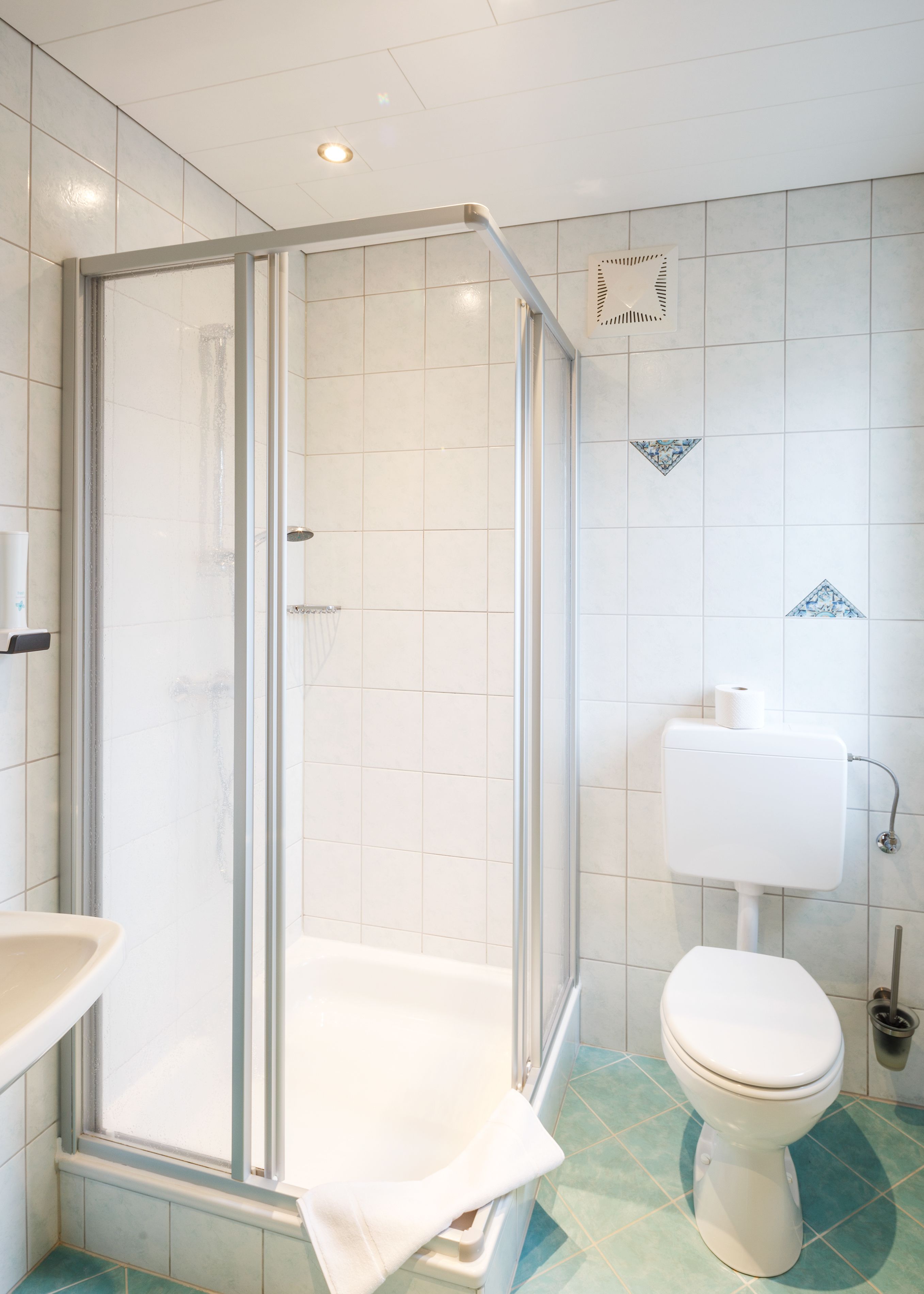 Un baño con ducha de vidrio, inodoro y lavamanos.