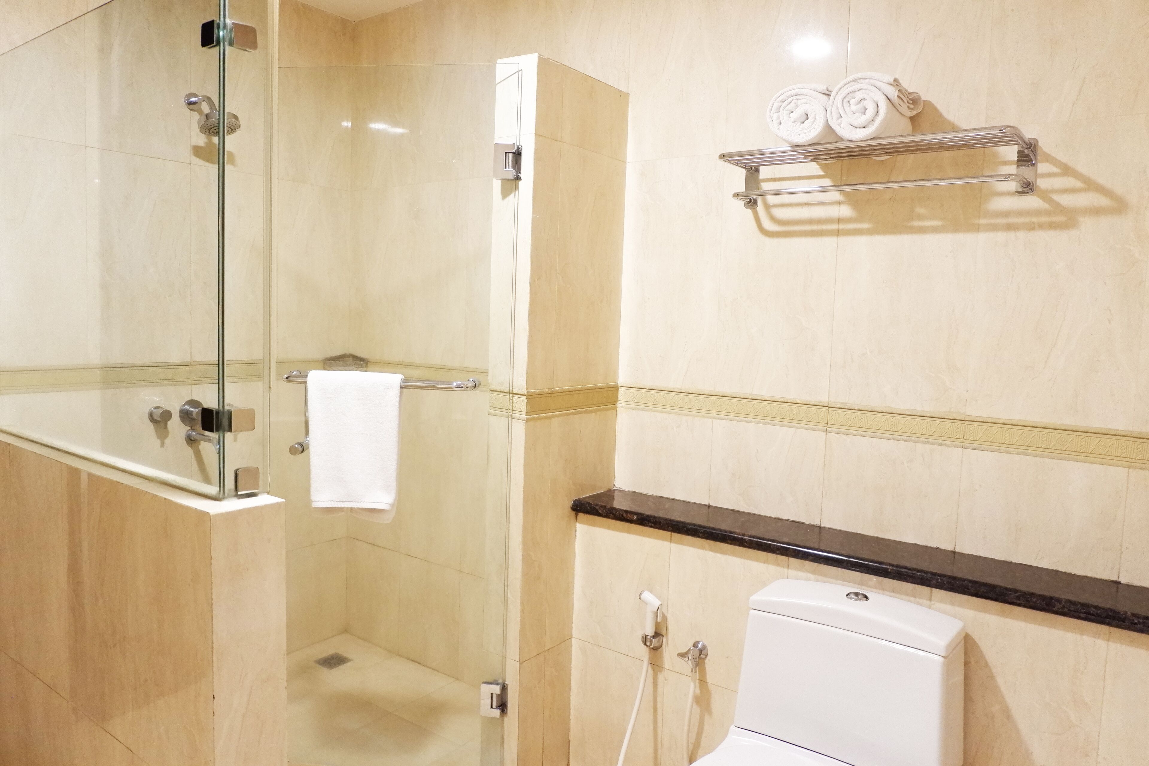 Ein modernes Badezimmer mit einer gläsernen Duschkabine, einer Toilette und einem Handtuchhalter mit aufgerollten Handtüchern.