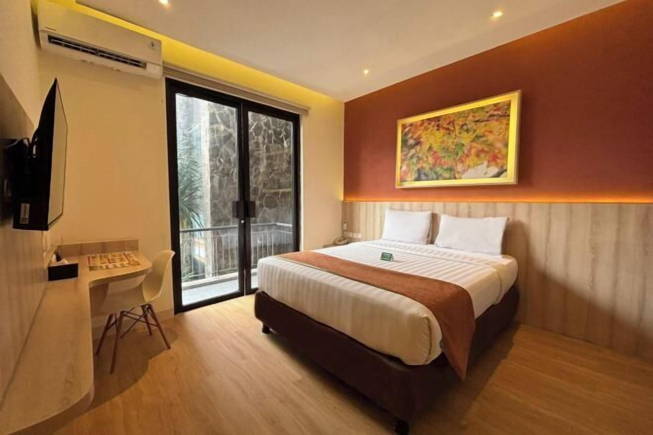 Desk, laptop workspace, blackout drapes, iron/ironing board