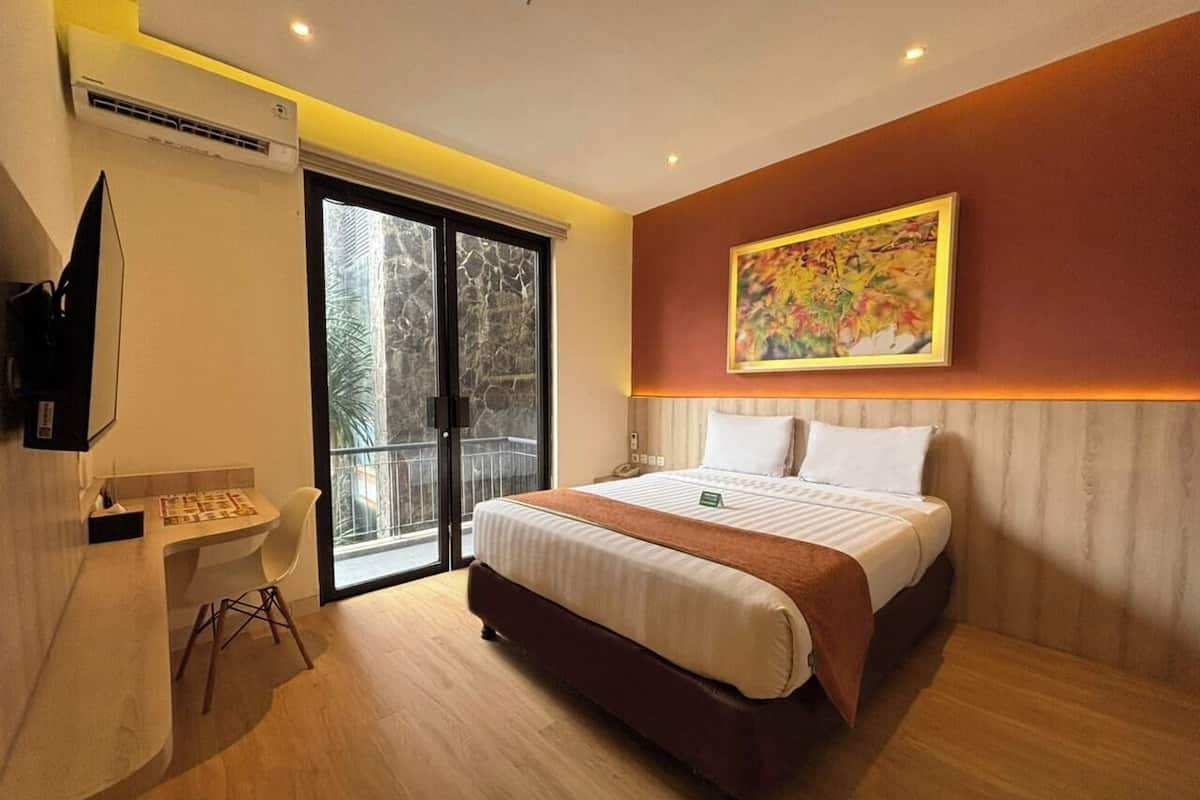 Desk, laptop workspace, blackout drapes, iron/ironing board