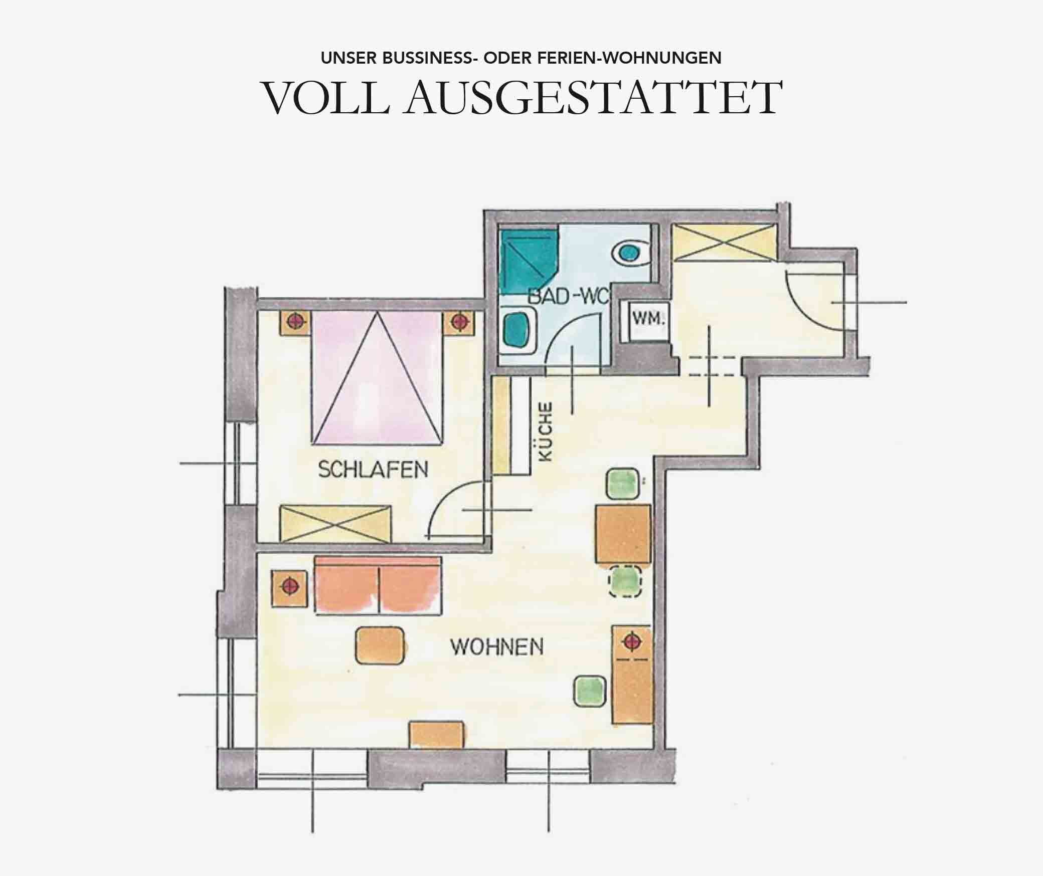 Een plattegrond van een gebouw met meerdere kamers, waarbij zones zijn aangeduid, zoals 'SCHLAFEN' (slaapkamer), 'WOHNEN' (woonkamer), 'BAU-WC' (bouwbadkamer) en 'WM.' (wasruimte).