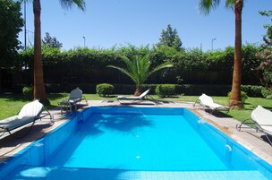 Una piscina rectangular con agua azul cristalina, rodeada de sillas de descanso blancas y una palmera.
