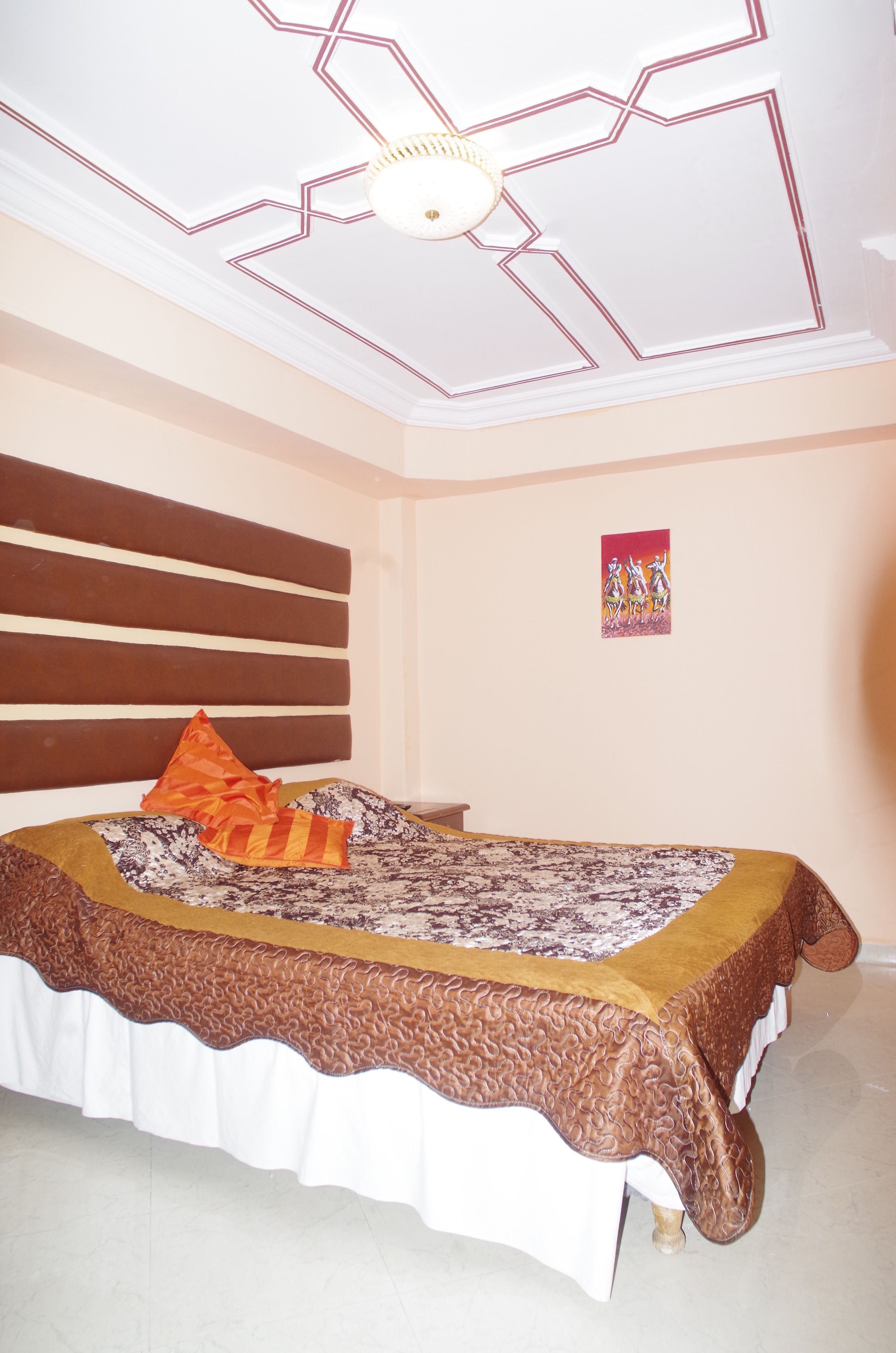 A bedroom with a bed, a headboard, a ceiling light fixture, and a wall-mounted artwork.