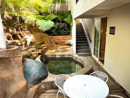 Tinaja de piedra con caída de agua, rodeada de rocas y helechos, con una escalera que lleva a una puerta de vidrio.