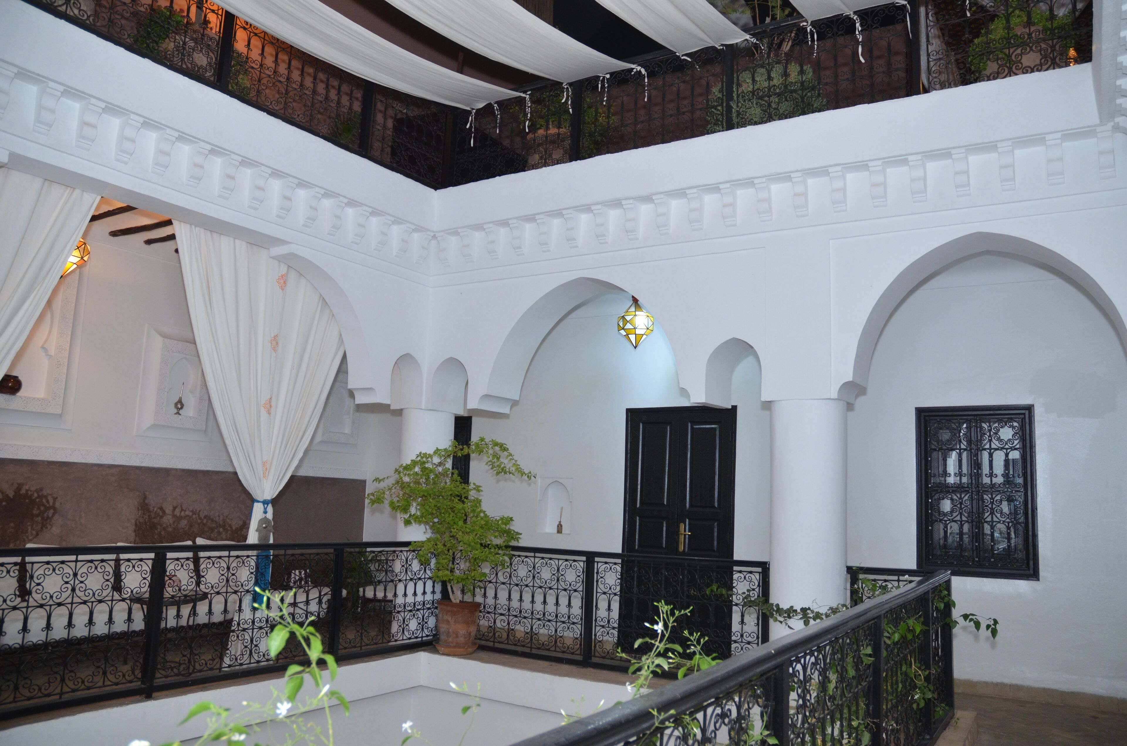 A spacious courtyard with white walls, black door frames, and a central potted plant.