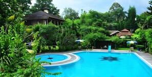 Una piscina rodeada de exuberante vegetación y un pabellón.