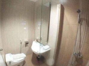 Baño con inodoro, lavamanos, espejo y ducha.