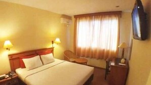 Una habitación de hotel con cama, lámparas de noche, una silla, escritorio y televisor.