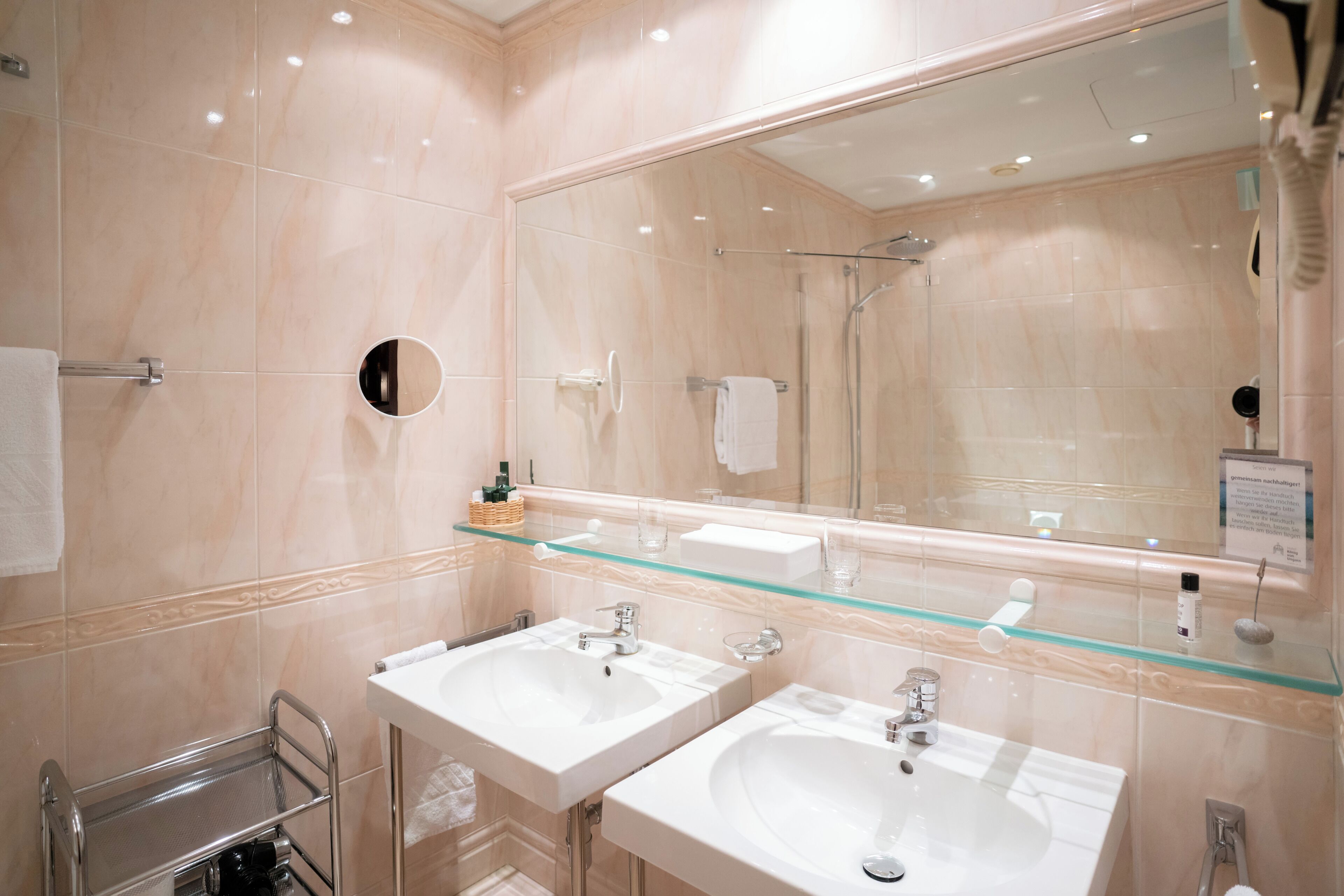 A bathroom with two sinks, a glass shelf, a towel rack, and a shower area.
