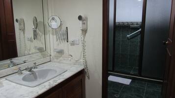 Baño con lavamanos, espejo, secador de pelo y zona de ducha.