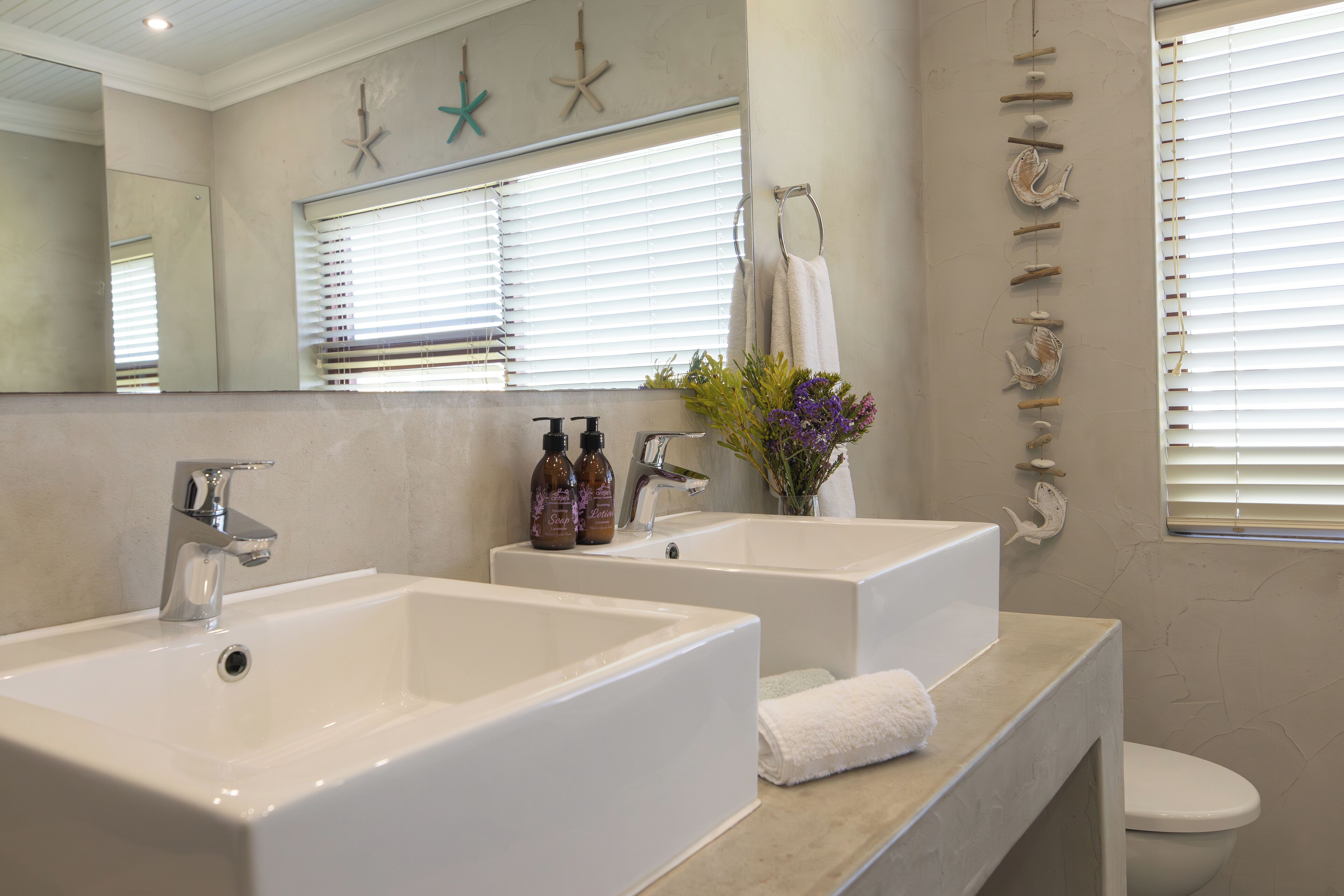 A bathroom with two sinks, a toilet, and a mirror.